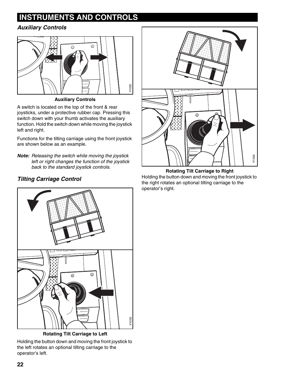 Auxiliary controls, Tilting carriage control, Instruments and controls | Lull 1044C-54 Series II Operation Manual User Manual | Page 30 / 50