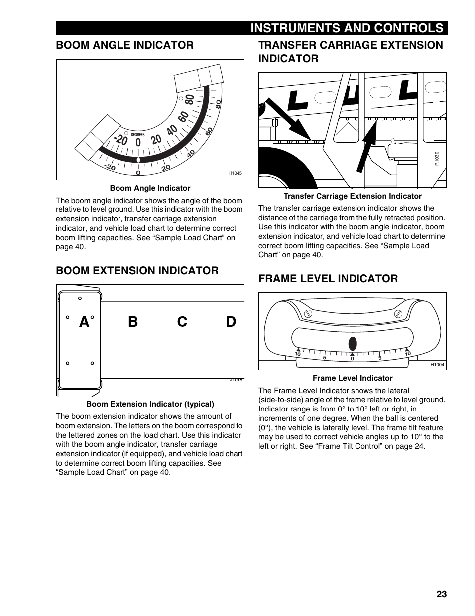 Boom angle indicator, Boom extension indicator, Transfer carriage extension indicator | Frame level indicator, Instruments and controls | Lull 1044C-54 Series II Operation Manual User Manual | Page 31 / 50