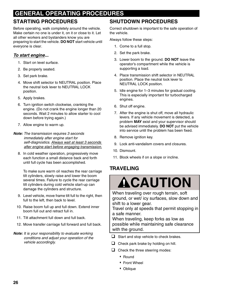 General operating procedures, Starting procedures, Shutdown procedures | Traveling, Caution | Lull 1044C-54 Series II Operation Manual User Manual | Page 34 / 50