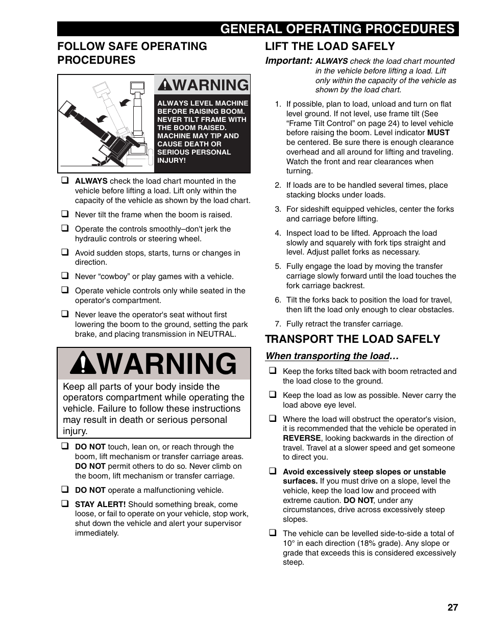 Follow safe operating procedures, Lift the load safely, Transport the load safely | Warning, General operating procedures | Lull 1044C-54 Series II Operation Manual User Manual | Page 35 / 50