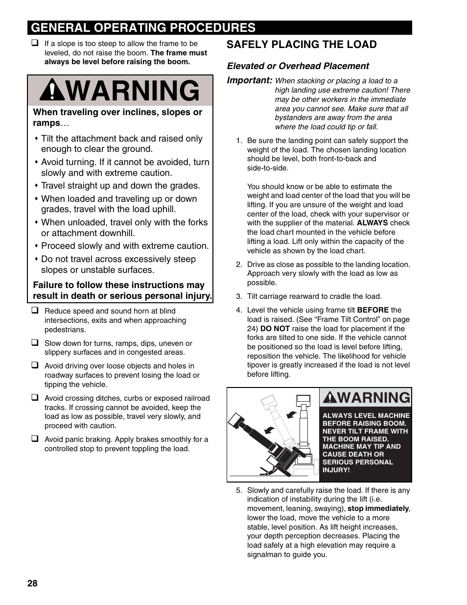 Safely placing the load, Elevated or overhead placement, Warning | General operating procedures | Lull 1044C-54 Series II Operation Manual User Manual | Page 36 / 50