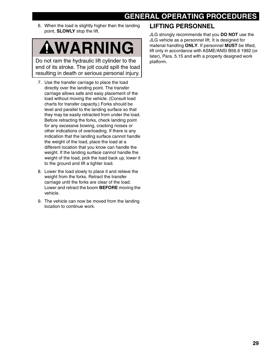 Lifting personnel, Warning, General operating procedures | Lull 1044C-54 Series II Operation Manual User Manual | Page 37 / 50