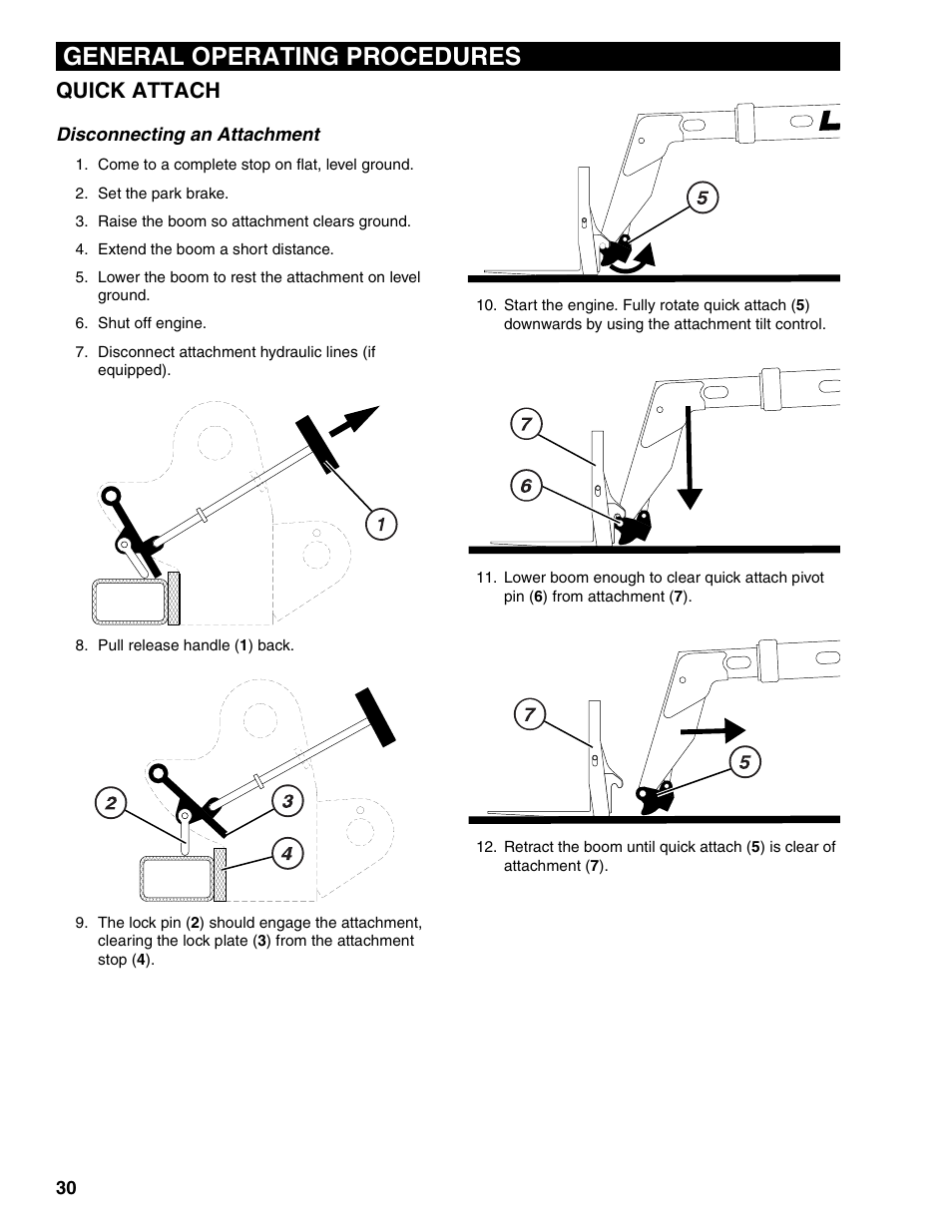 Quick attach, Disconnecting an attachment, General operating procedures | Lull 1044C-54 Series II Operation Manual User Manual | Page 38 / 50