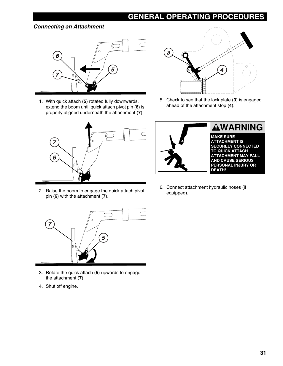 Connecting an attachment, Warning, General operating procedures | Lull 1044C-54 Series II Operation Manual User Manual | Page 39 / 50