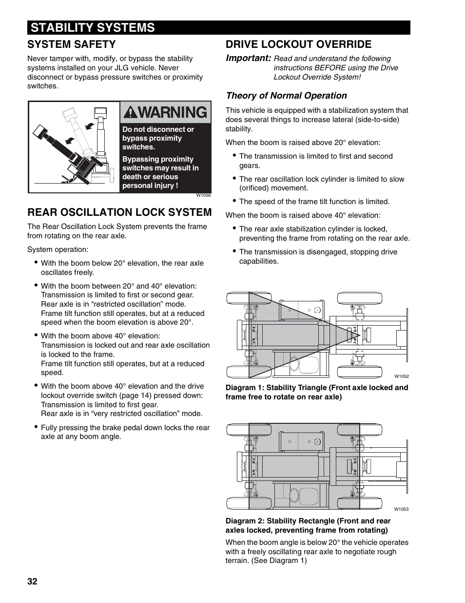 Stability systems, System safety, Rear oscillation lock system | Drive lockout override, Theory of normal operation | Lull 1044C-54 Series II Operation Manual User Manual | Page 40 / 50