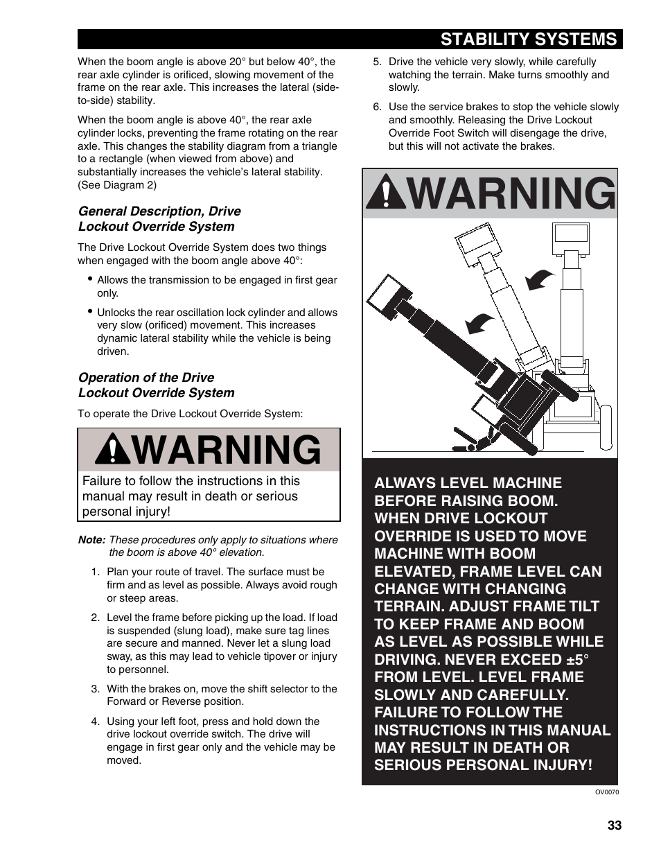 General description, drive lockout override system, Operation of the drive lockout override system, Warning | Stability systems | Lull 1044C-54 Series II Operation Manual User Manual | Page 41 / 50