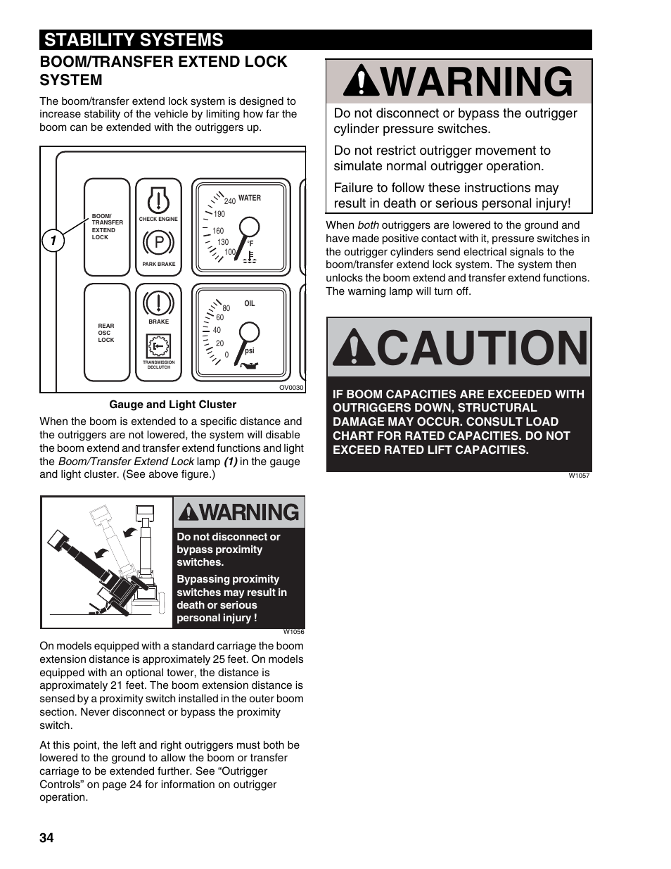 Boom/transfer extend lock system, Caution, Warning | Stability systems | Lull 1044C-54 Series II Operation Manual User Manual | Page 42 / 50