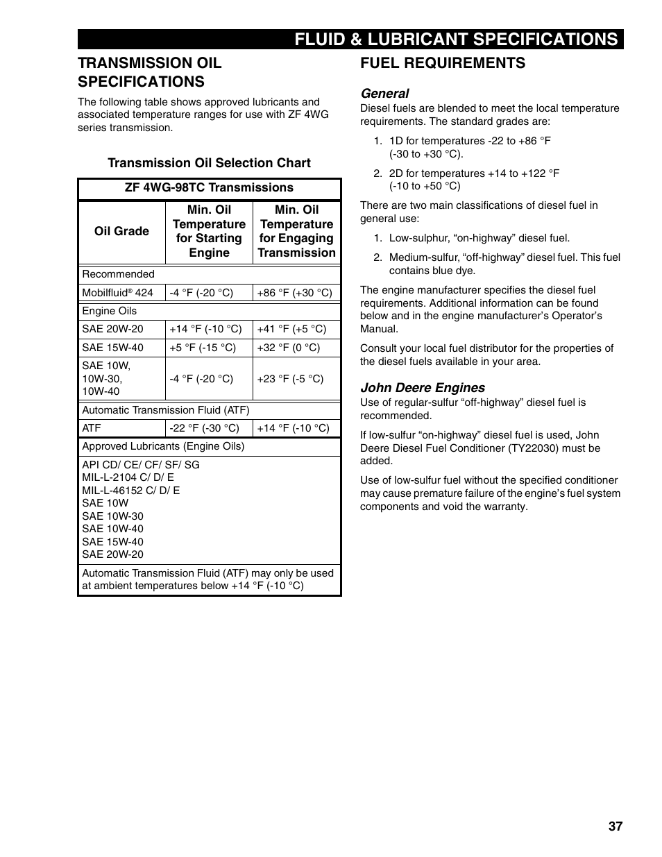 Transmission oil specifications, Fuel requirements, General | John deere engines, Fluid & lubricant specifications | Lull 1044C-54 Series II Operation Manual User Manual | Page 45 / 50