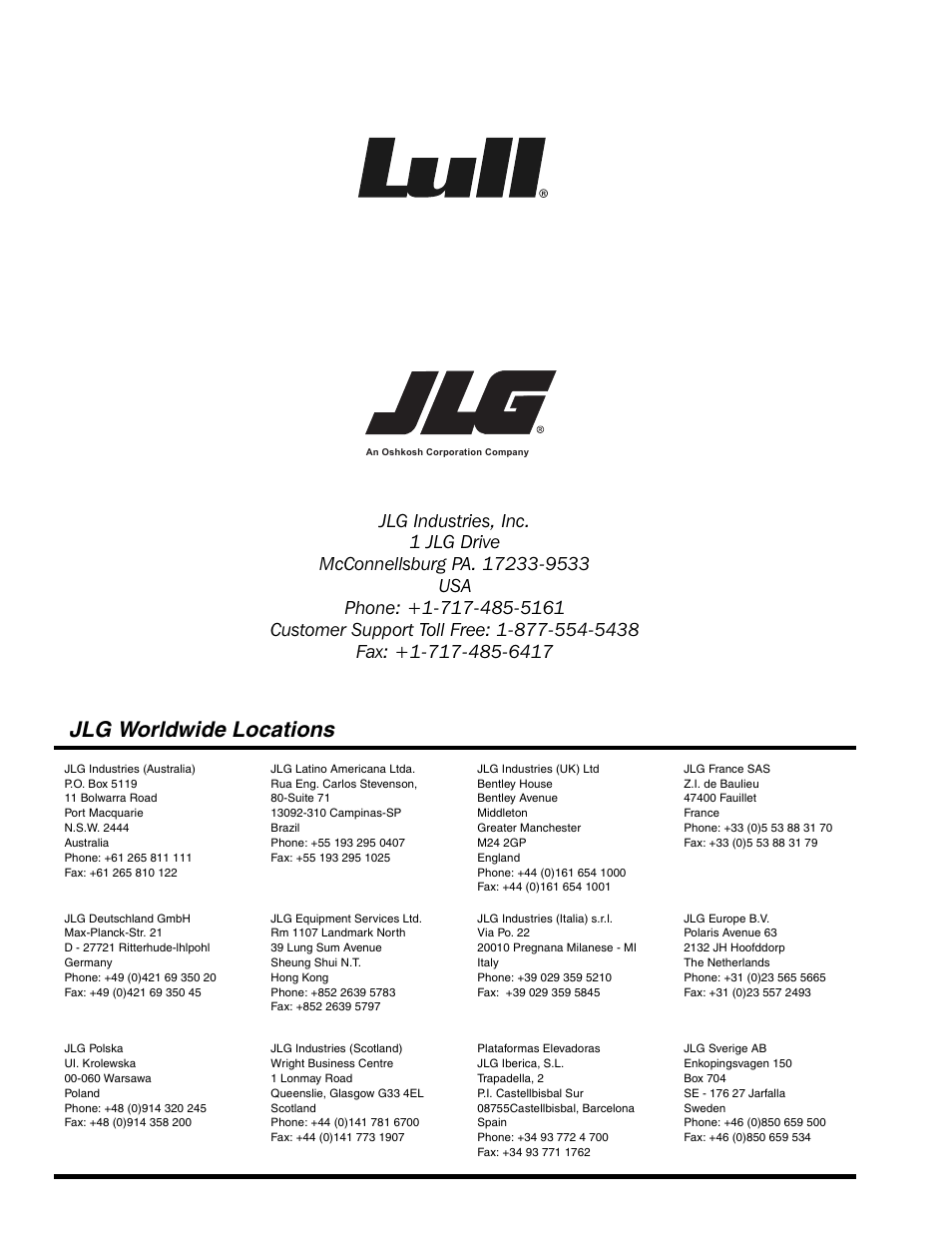 Jlg worldwide locations | Lull 1044C-54 Series II Operation Manual User Manual | Page 50 / 50