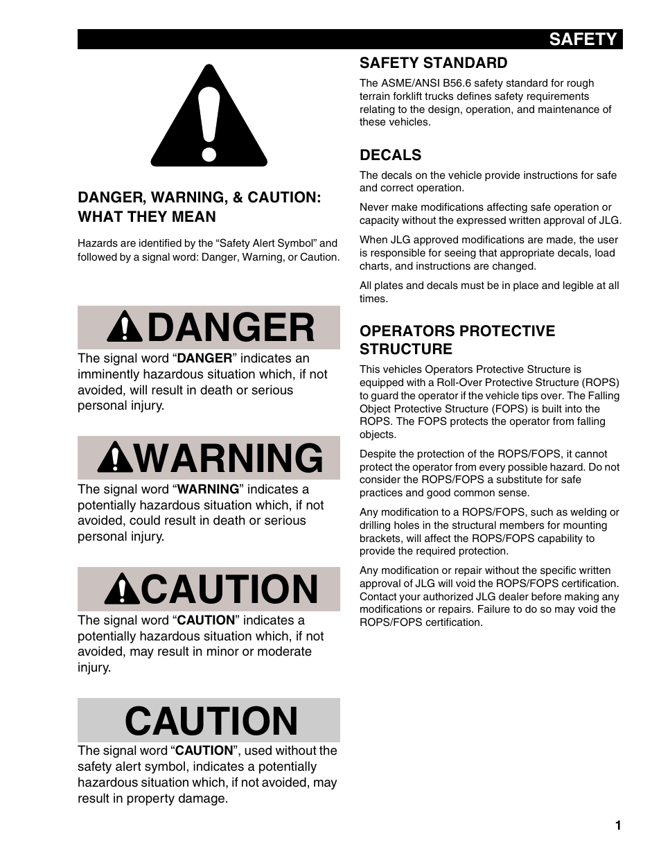 Safety, Danger, warning, & caution: what they mean, Safety standard | Decals, Operators protective structure, Danger, Warning, Caution | Lull 1044C-54 Series II Operation Manual User Manual | Page 9 / 50