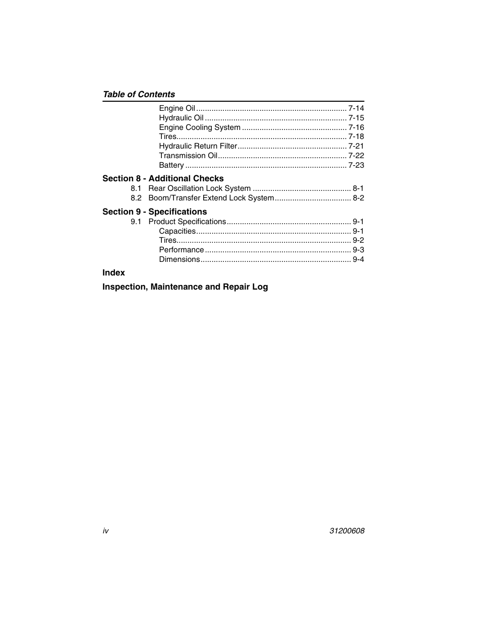 Section 8 - additional checks, Section 9 - specifications | Lull 1044C-54 Series II Operation Manual User Manual | Page 10 / 150