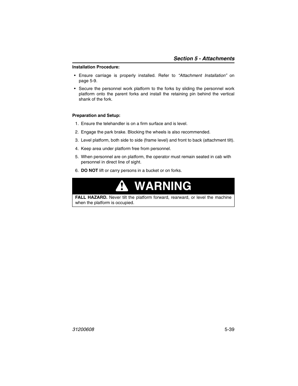 Warning | Lull 1044C-54 Series II Operation Manual User Manual | Page 107 / 150