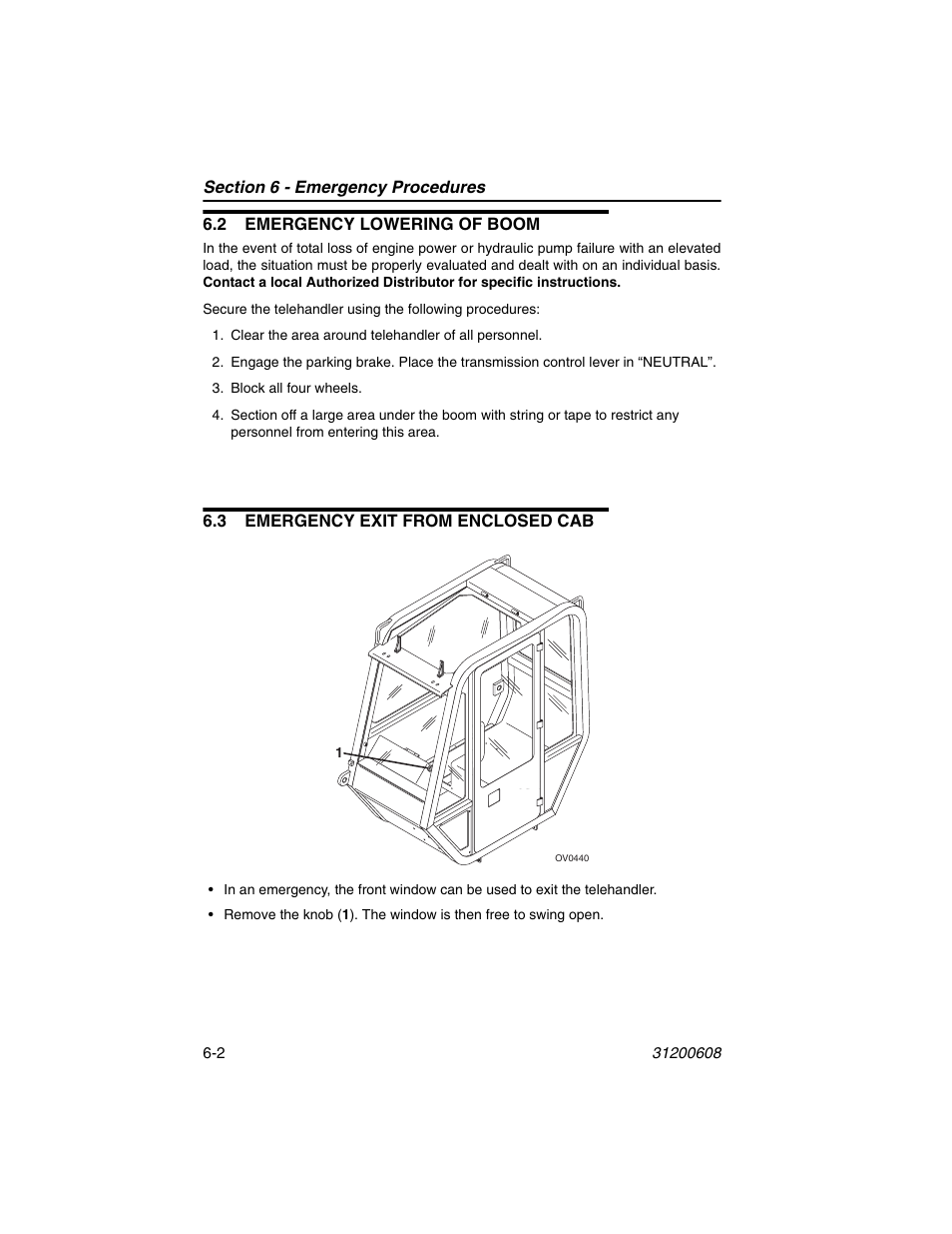 2 emergency lowering of boom, 3 emergency exit from enclosed cab | Lull 1044C-54 Series II Operation Manual User Manual | Page 110 / 150