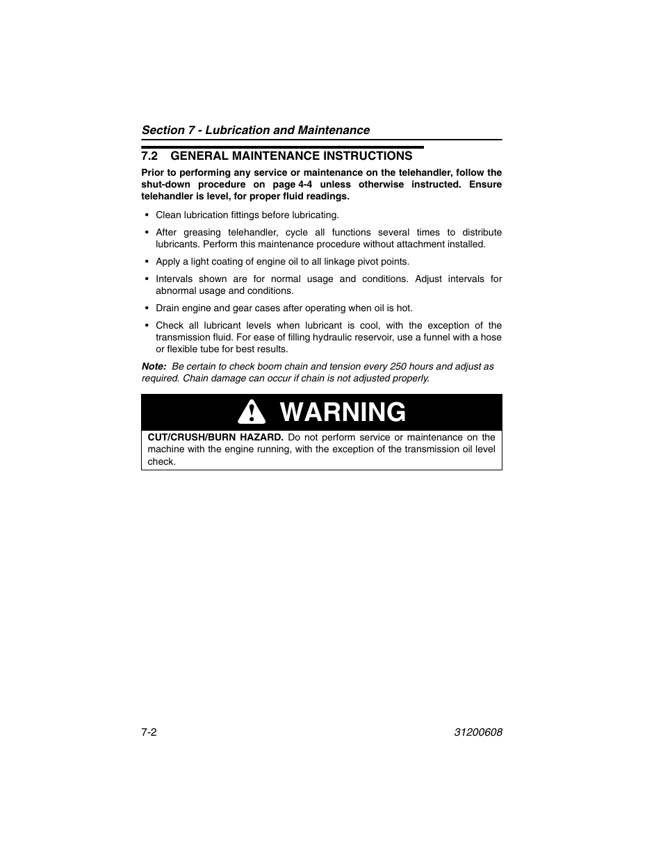 2 general maintenance instructions, 2 general maintenance instructions -2, Warning | Lull 1044C-54 Series II Operation Manual User Manual | Page 112 / 150