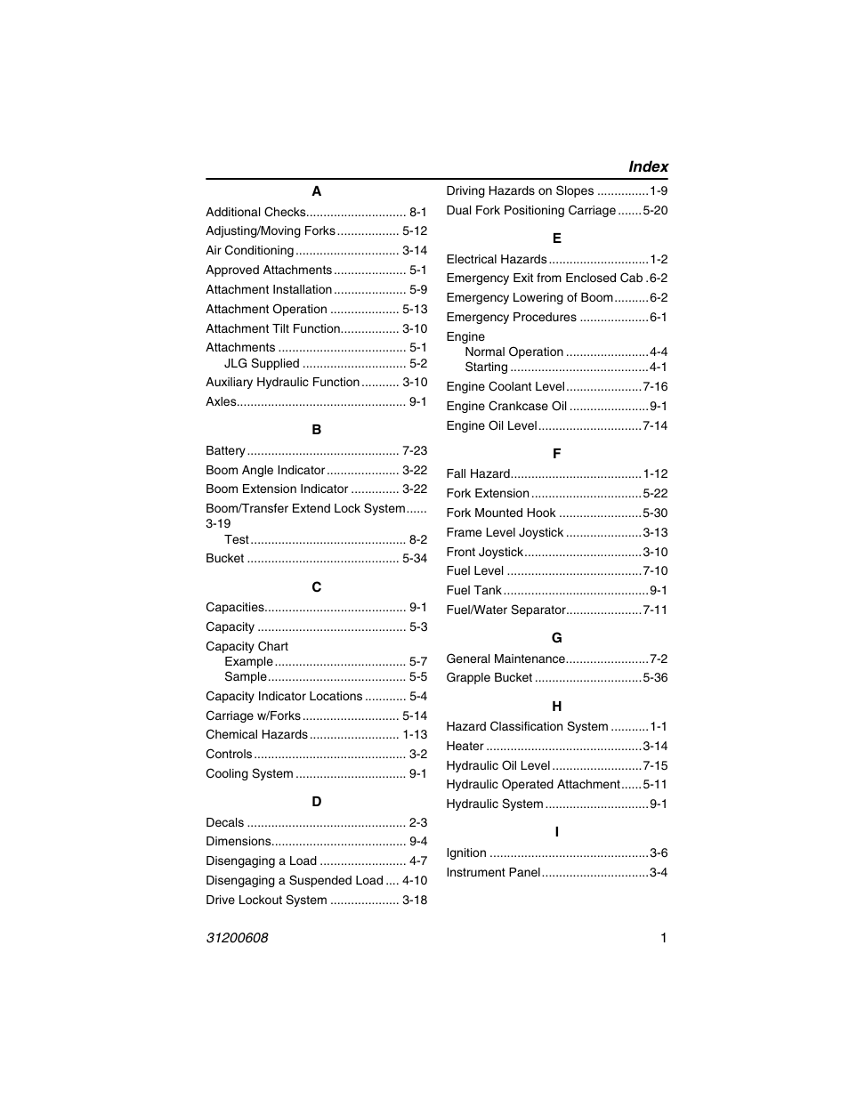 Index | Lull 1044C-54 Series II Operation Manual User Manual | Page 141 / 150