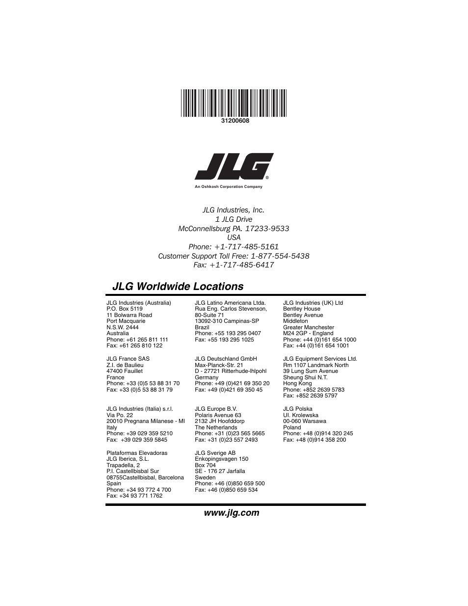 Jlg worldwide locations | Lull 1044C-54 Series II Operation Manual User Manual | Page 150 / 150