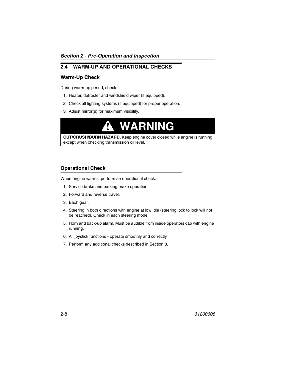 4 warm-up and operational checks, Warm-up check, Operational check | 4 warm-up and operational checks -8, Warm-up check -8 operational check -8, Warning | Lull 1044C-54 Series II Operation Manual User Manual | Page 32 / 150