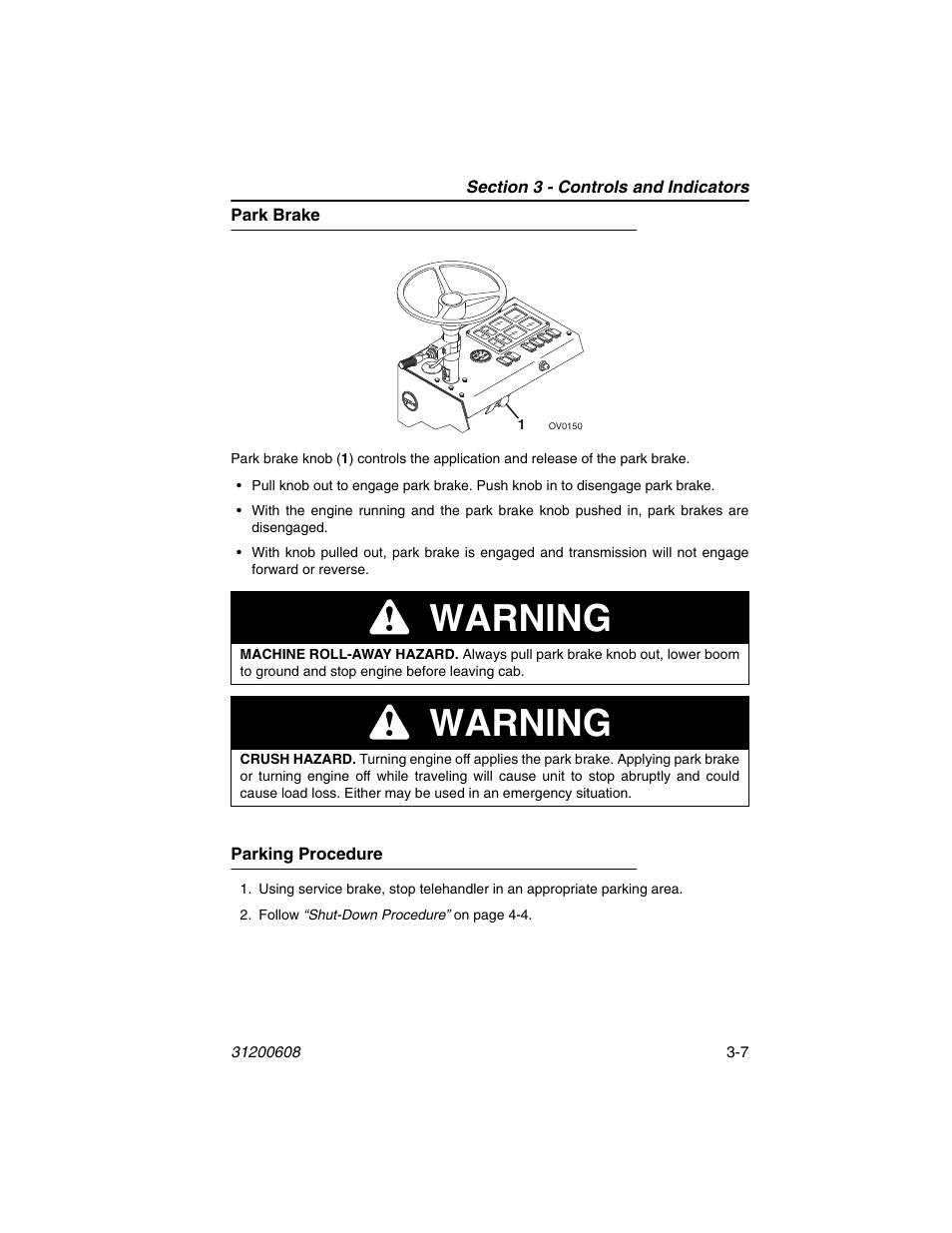 Park brake, Parking procedure, Park brake -7 parking procedure -7 | Warning | Lull 1044C-54 Series II Operation Manual User Manual | Page 41 / 150