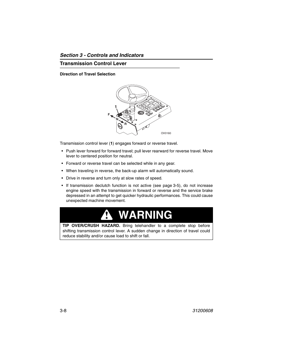 Transmission control lever, Transmission control lever -8, Warning | Lull 1044C-54 Series II Operation Manual User Manual | Page 42 / 150