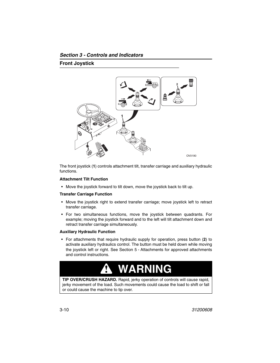 Front joystick, Front joystick -10, Warning | Lull 1044C-54 Series II Operation Manual User Manual | Page 44 / 150