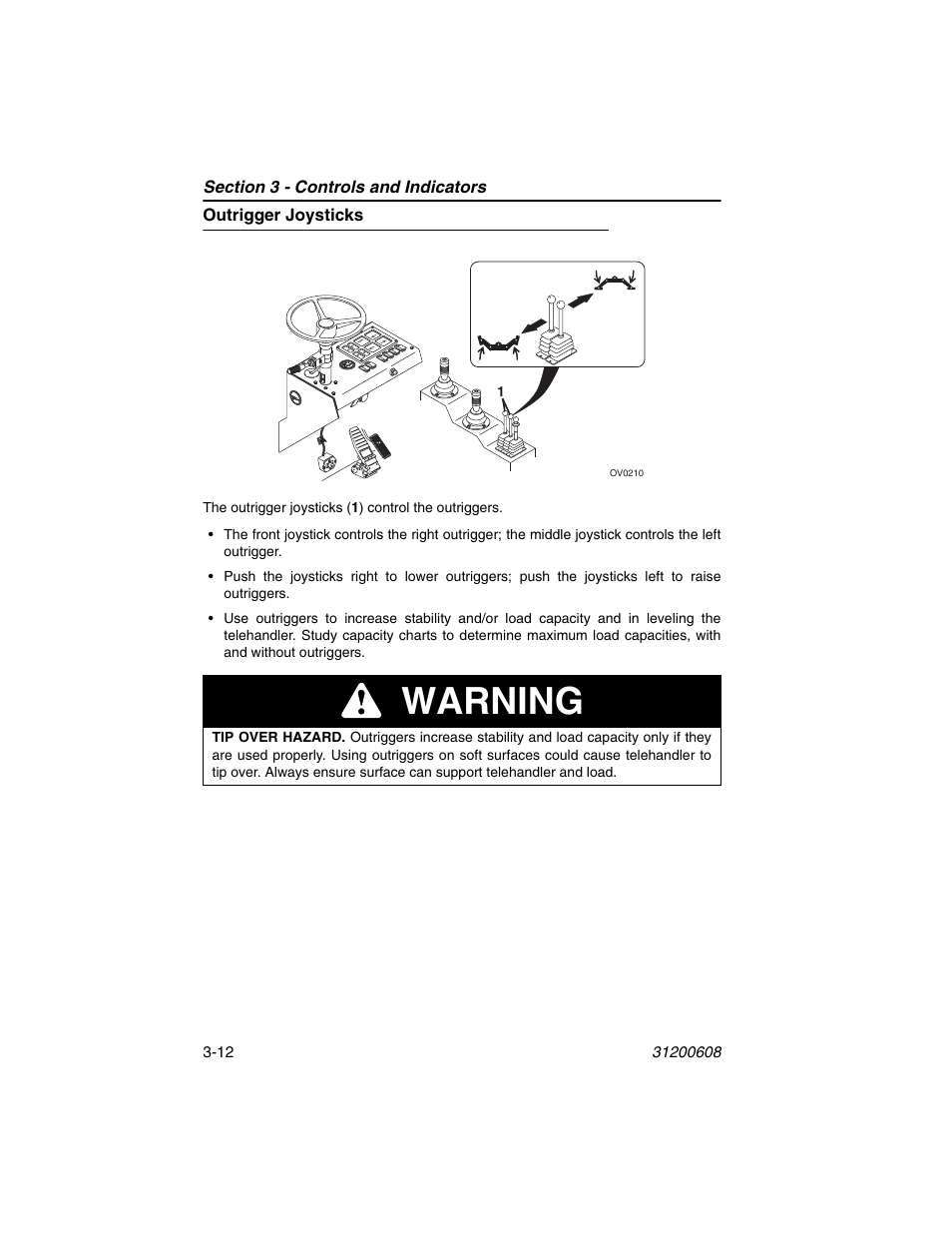 Outrigger joysticks, Outrigger joysticks -12, Warning | Lull 1044C-54 Series II Operation Manual User Manual | Page 46 / 150