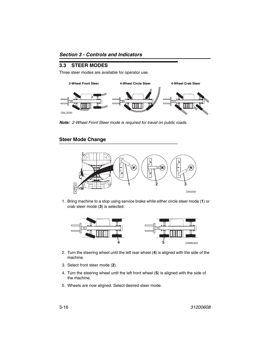 3 steer modes, Steer mode change, 3 steer modes -16 | Steer mode change -16 | Lull 1044C-54 Series II Operation Manual User Manual | Page 50 / 150