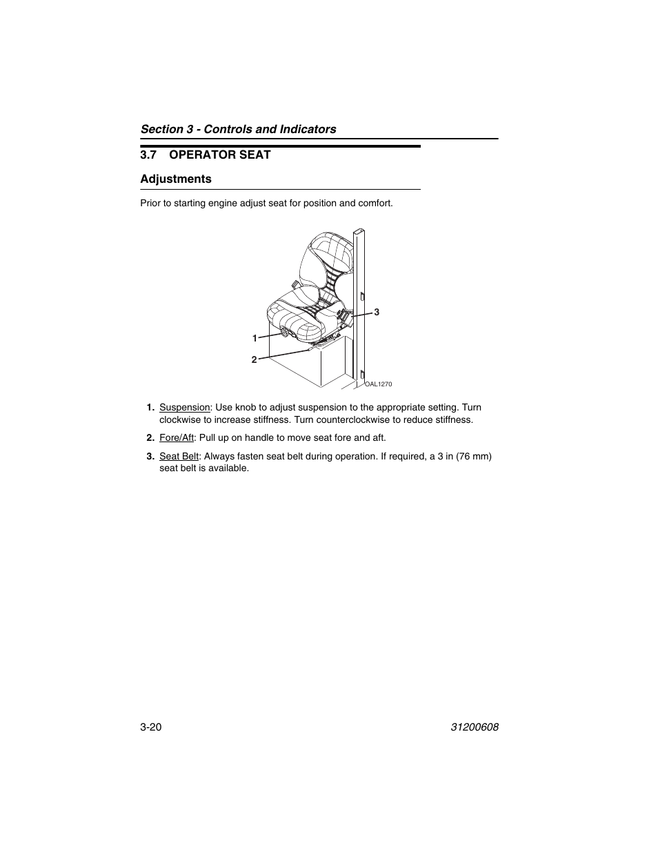 7 operator seat, Adjustments, 7 operator seat -20 | Adjustments -20 | Lull 1044C-54 Series II Operation Manual User Manual | Page 54 / 150