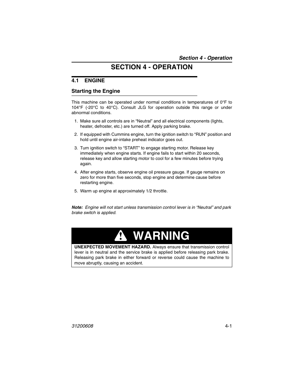 Section 4 - operation, 1 engine, Starting the engine | 1 engine -1, Starting the engine -1, Warning | Lull 1044C-54 Series II Operation Manual User Manual | Page 57 / 150