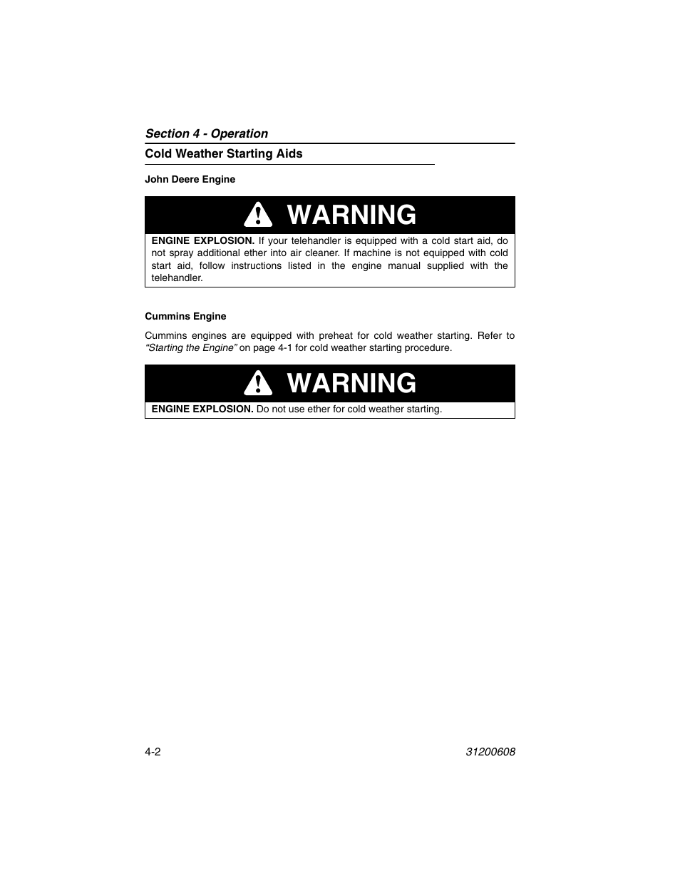 Cold weather starting aids, Cold weather starting aids -2, Warning | Lull 1044C-54 Series II Operation Manual User Manual | Page 58 / 150