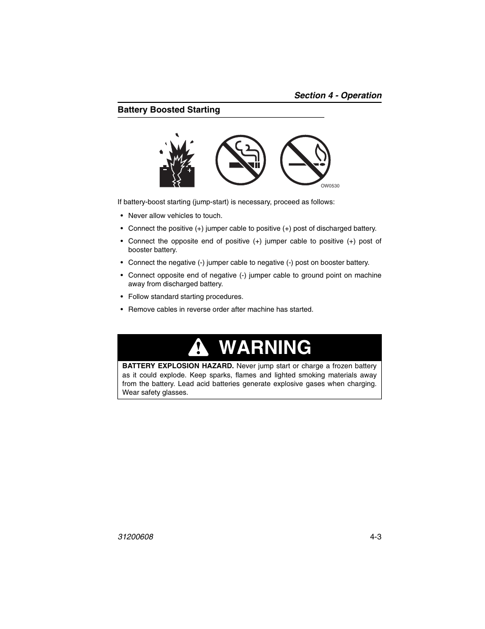 Battery boosted starting, Battery boosted starting -3, Warning | Lull 1044C-54 Series II Operation Manual User Manual | Page 59 / 150