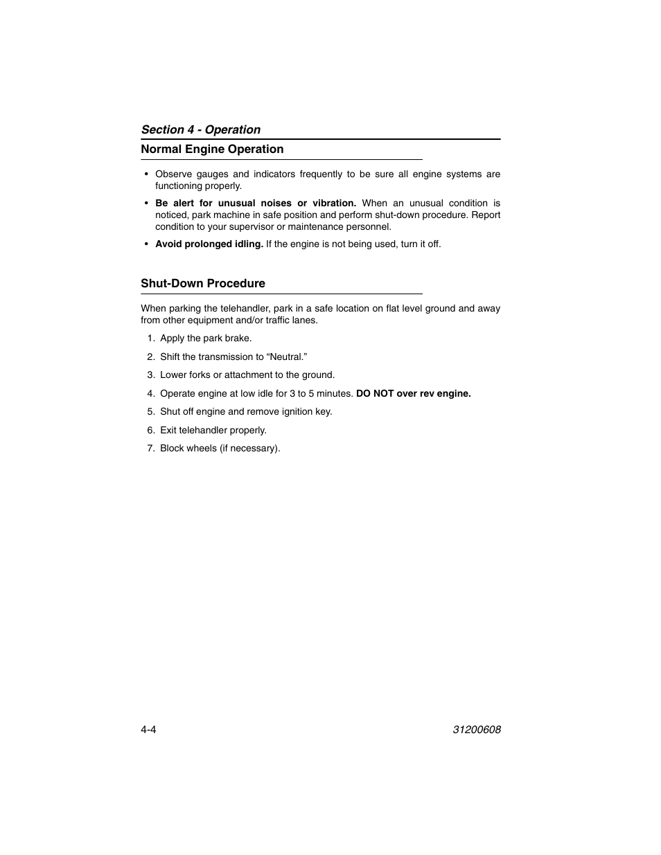 Normal engine operation, Shut-down procedure, Normal engine operation -4 shut-down procedure -4 | Lull 1044C-54 Series II Operation Manual User Manual | Page 60 / 150