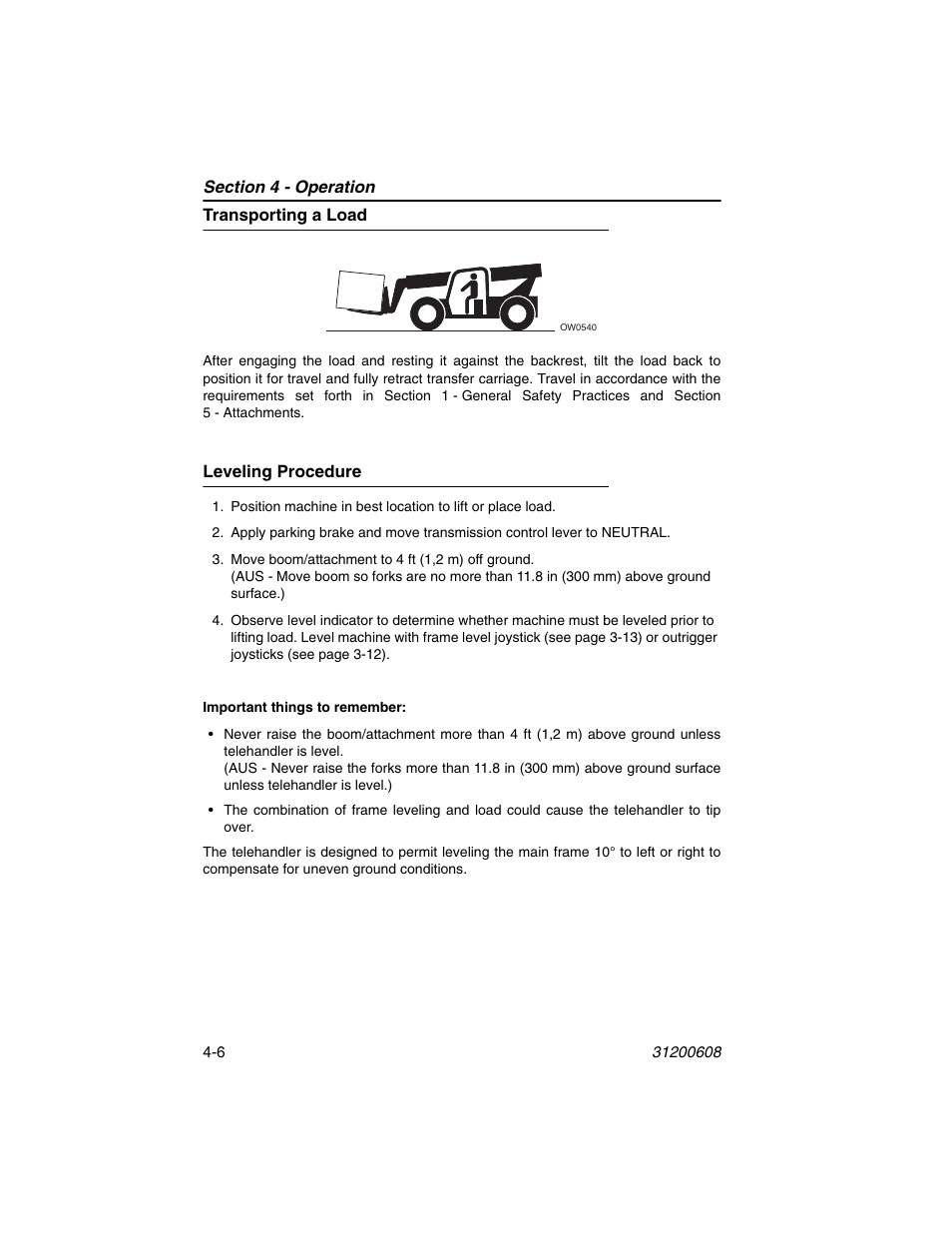 Transporting a load, Leveling procedure, Transporting a load -6 leveling procedure -6 | Lull 1044C-54 Series II Operation Manual User Manual | Page 62 / 150