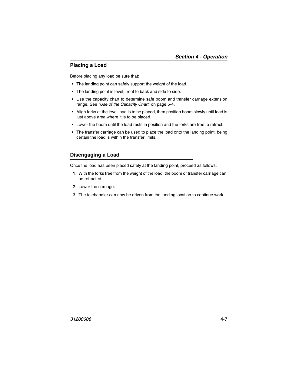 Placing a load, Disengaging a load, Placing a load -7 disengaging a load -7 | Lull 1044C-54 Series II Operation Manual User Manual | Page 63 / 150