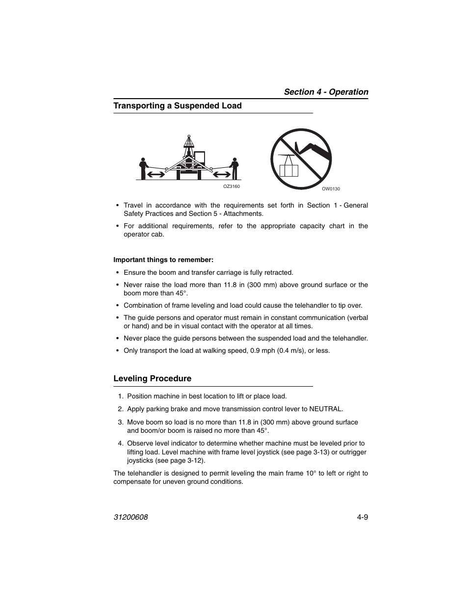 Transporting a suspended load, Leveling procedure | Lull 1044C-54 Series II Operation Manual User Manual | Page 65 / 150