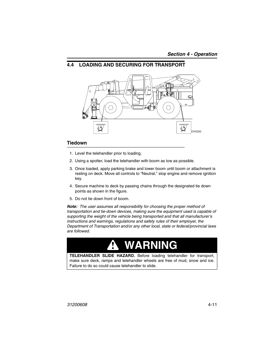 4 loading and securing for transport, Tiedown, 4 loading and securing for transport -11 | Tiedown -11, Warning | Lull 1044C-54 Series II Operation Manual User Manual | Page 67 / 150