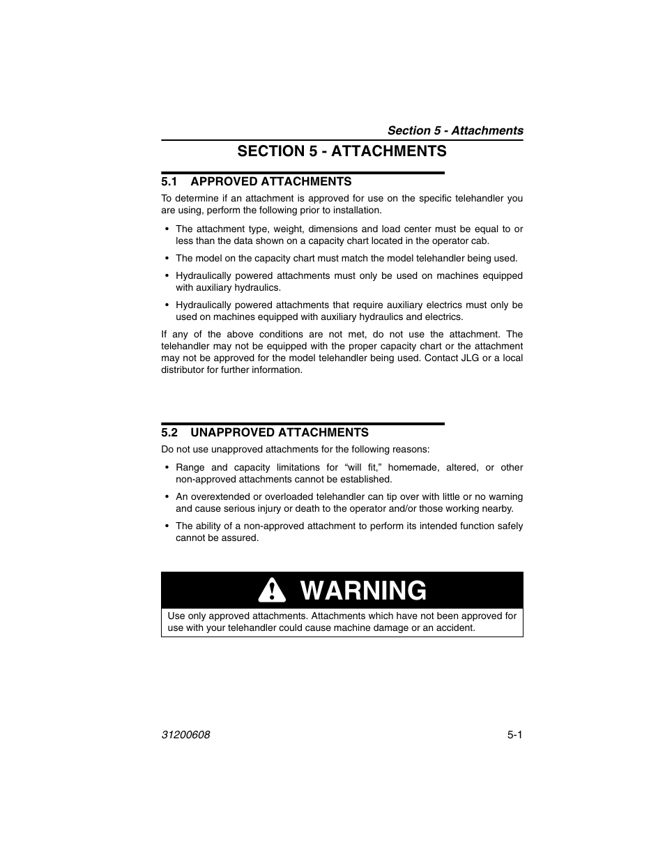 Section 5 - attachments, 1 approved attachments, 2 unapproved attachments | Warning | Lull 1044C-54 Series II Operation Manual User Manual | Page 69 / 150