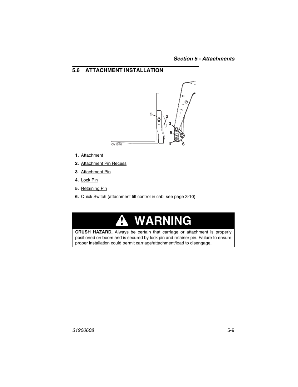 6 attachment installation, 6 attachment installation -9, Warning | Lull 1044C-54 Series II Operation Manual User Manual | Page 77 / 150