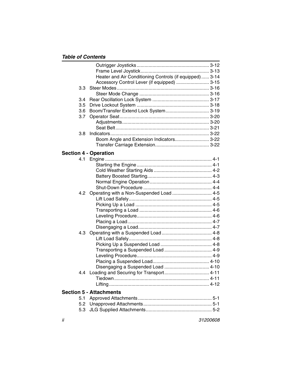 Section 4 - operation, Section 5 - attachments | Lull 1044C-54 Series II Operation Manual User Manual | Page 8 / 150