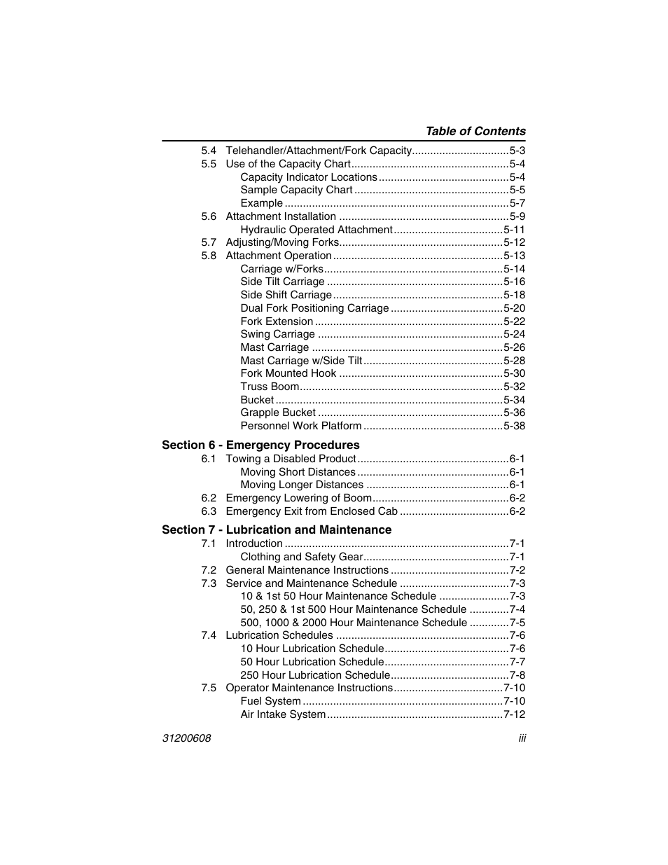 Section 6 - emergency procedures, Section 7 - lubrication and maintenance | Lull 1044C-54 Series II Operation Manual User Manual | Page 9 / 150