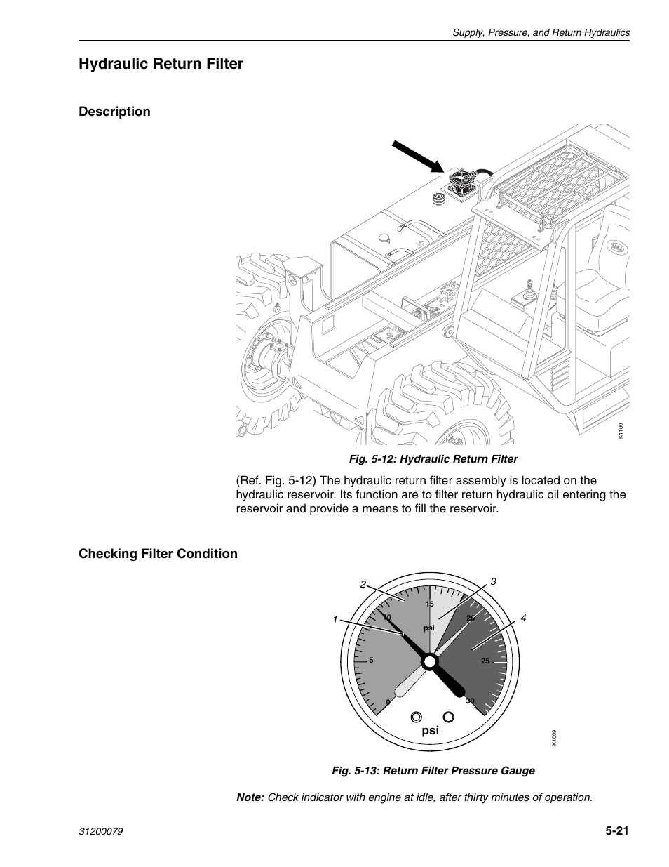 Hydraulic return filter, Description, Checking filter condition | Lull 1044C-54 Series II Service Manual User Manual | Page 103 / 382