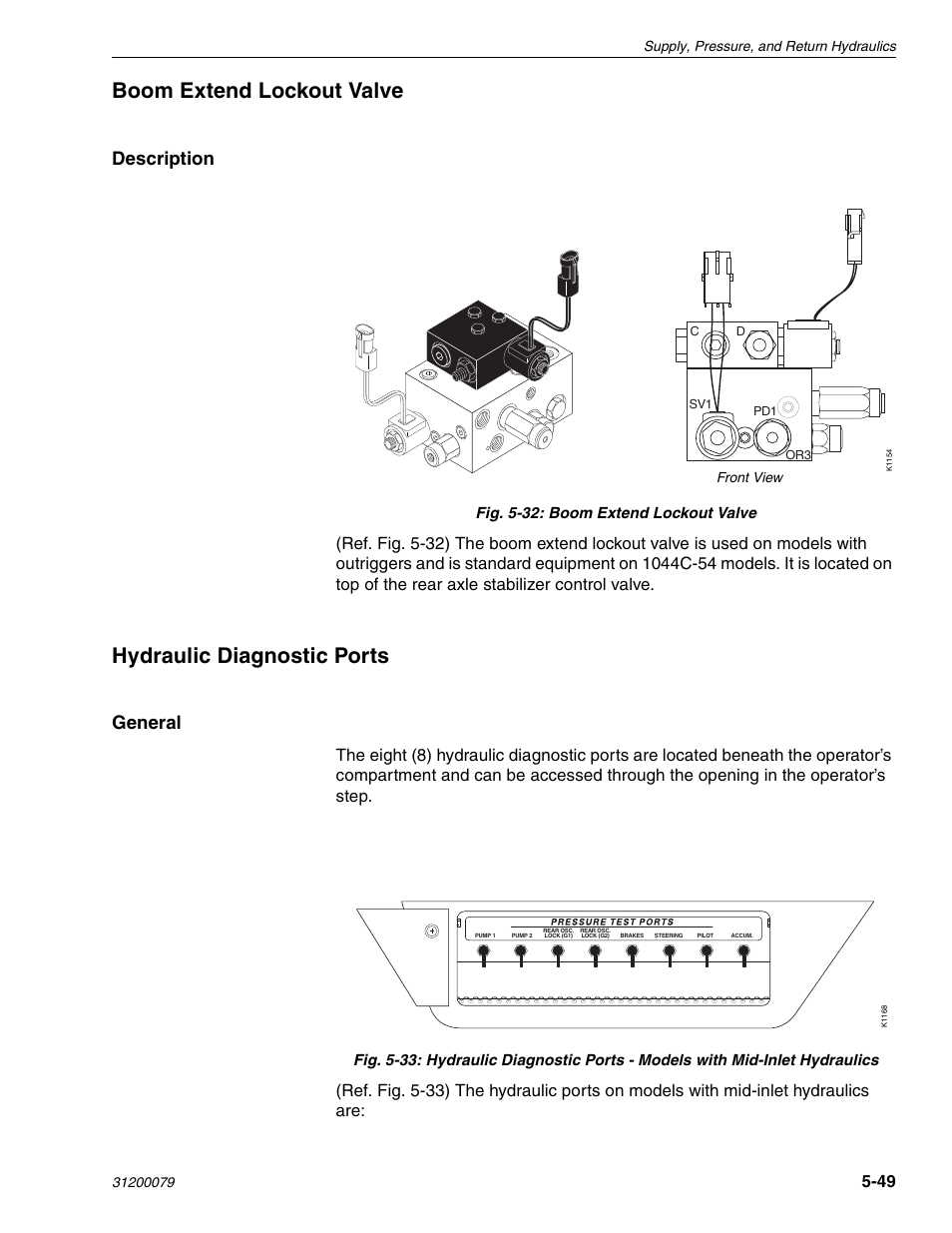 Boom extend lockout valve, Hydraulic diagnostic ports, Description | General, Fig. 5-32: boom extend lockout valve | Lull 1044C-54 Series II Service Manual User Manual | Page 131 / 382