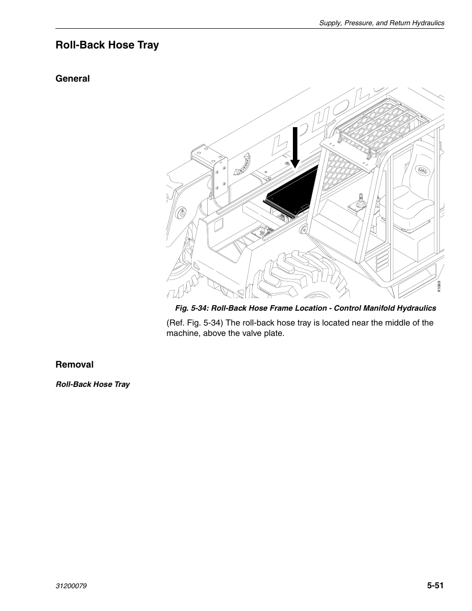 Roll-back hose tray, General, Removal | Lull 1044C-54 Series II Service Manual User Manual | Page 133 / 382
