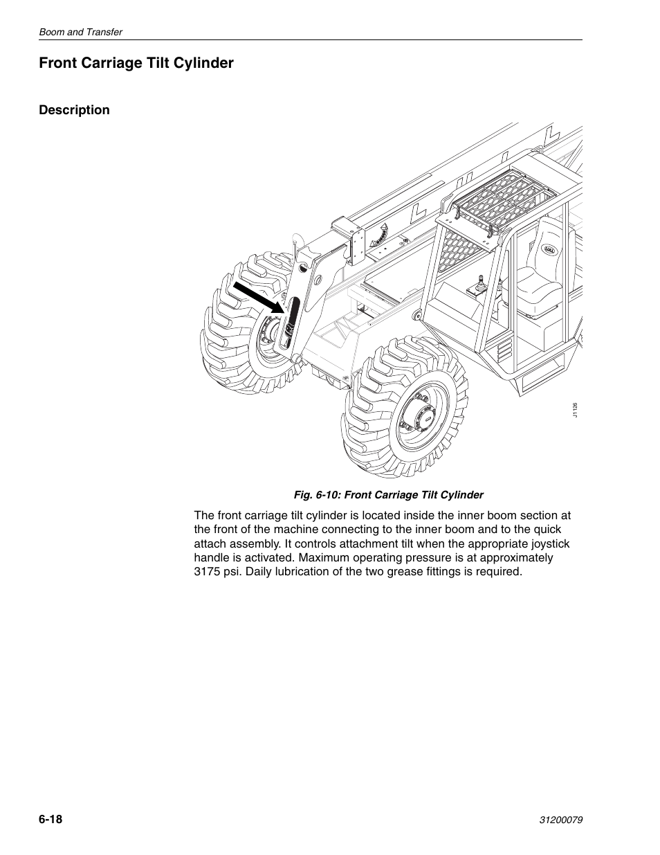 Front carriage tilt cylinder, Description, Fig. 6-10: front carriage tilt cylinder | Boom and transfer | Lull 1044C-54 Series II Service Manual User Manual | Page 160 / 382