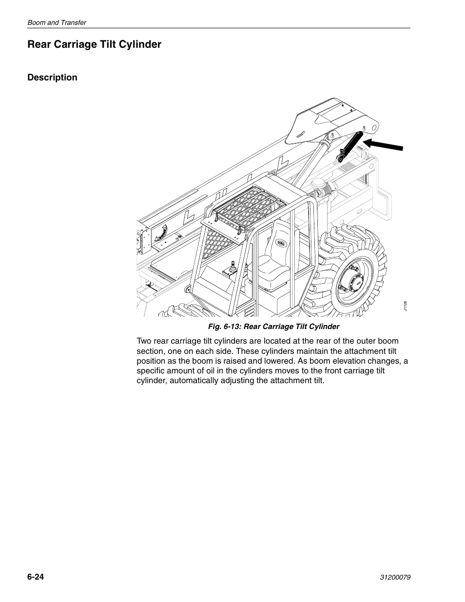 Rear carriage tilt cylinder, Description, Fig. 6-13: rear carriage tilt cylinder | Boom and transfer | Lull 1044C-54 Series II Service Manual User Manual | Page 166 / 382