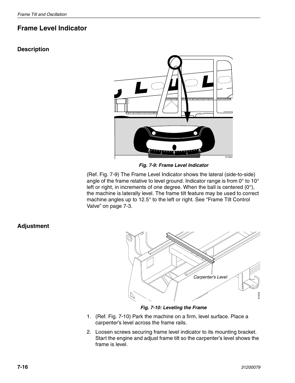 Frame level indicator, Description, Adjustment | Lull 1044C-54 Series II Service Manual User Manual | Page 298 / 382