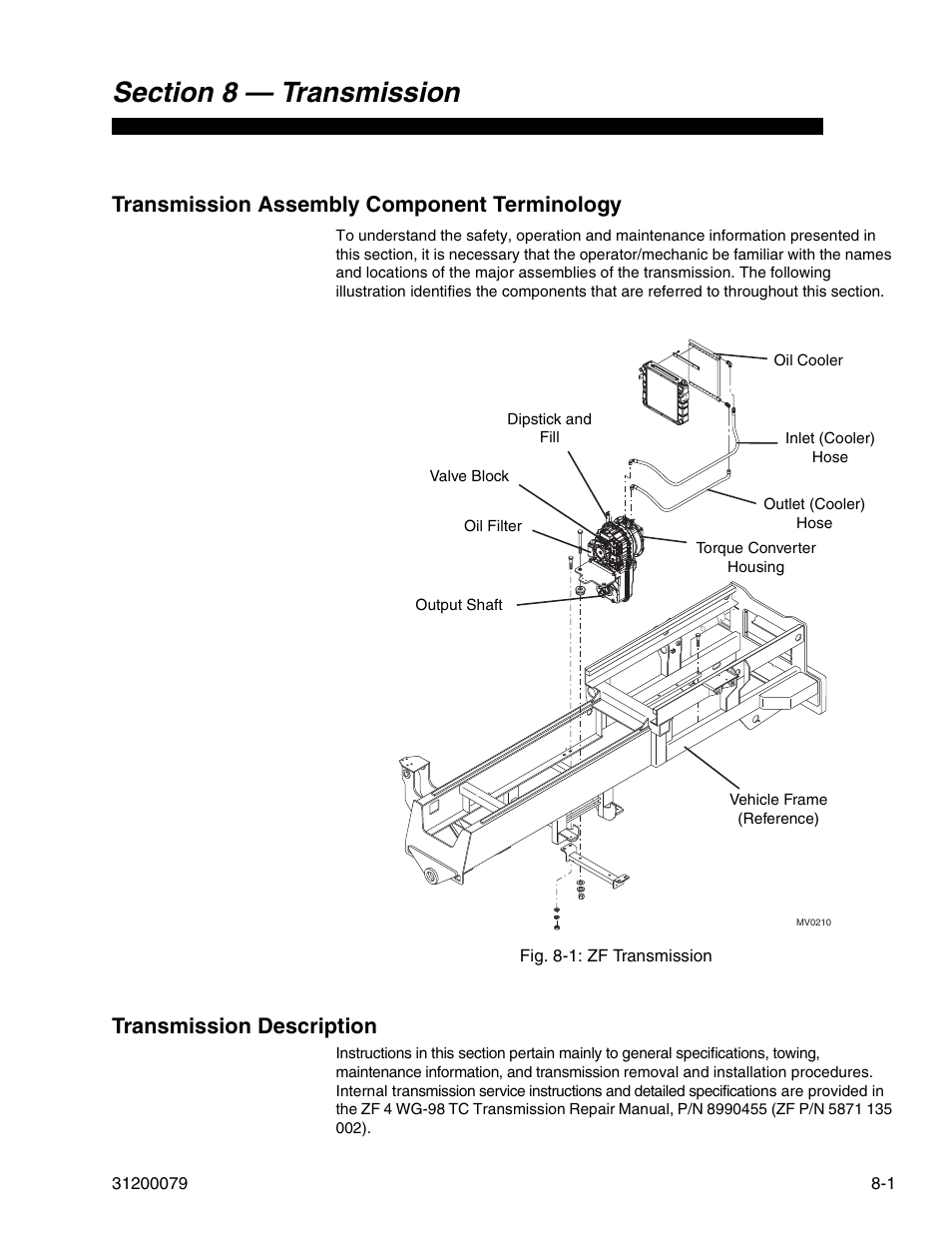 Section 8 transmission, Transmission assembly component terminology, Transmission description | Lull 1044C-54 Series II Service Manual User Manual | Page 325 / 382