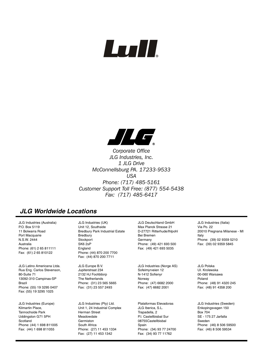 Jlg worldwide locations | Lull 1044C-54 Series II Service Manual User Manual | Page 382 / 382