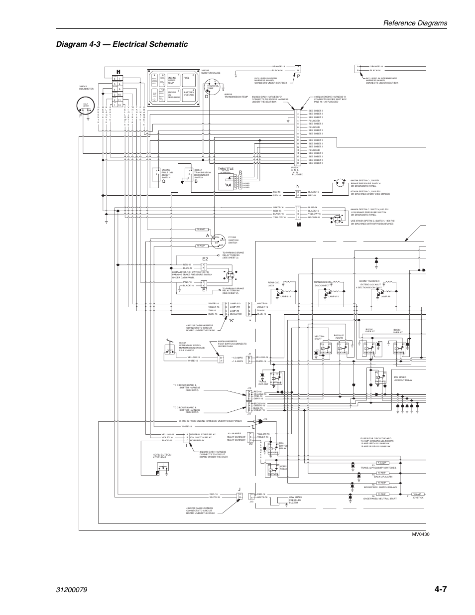 Diagram 4-3 — electrical schematic, Mv0430, Pa e2 e1 'k | Ij l f r, Hd f | Lull 1044C-54 Series II Service Manual User Manual | Page 73 / 382