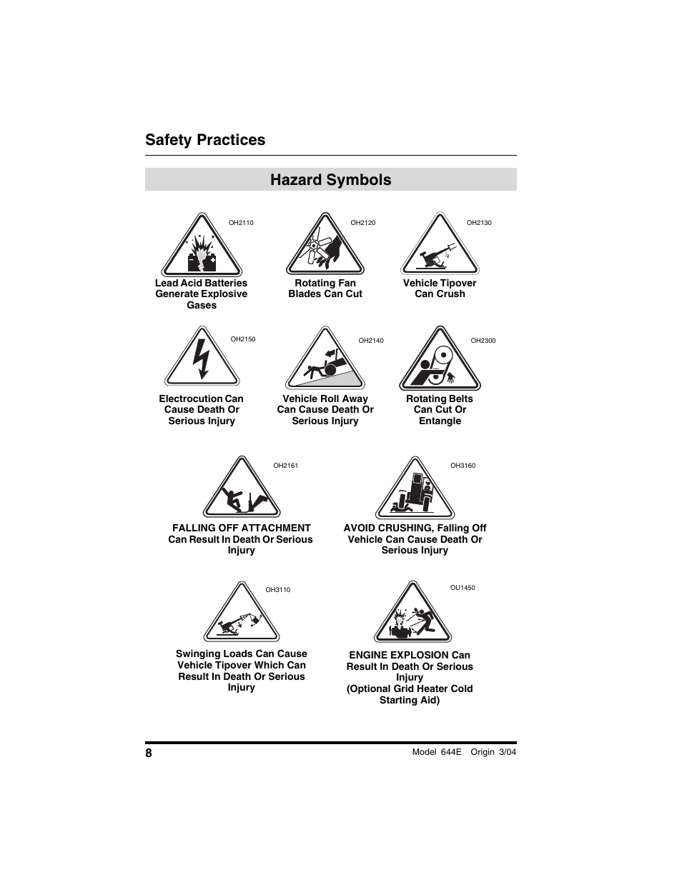 Hazard symbols, Safety practices hazard symbols | Lull 644E-42 Operation Manual User Manual | Page 10 / 200