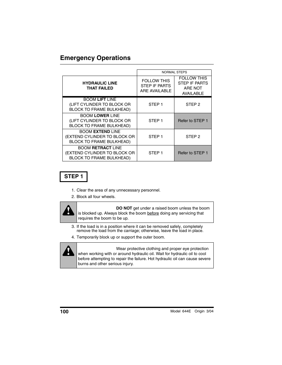 Step 1, Clear the area of any unnecessary personnel, Block all four wheels | Temporarily block up or support the outer boom, Warning, Emergency operations | Lull 644E-42 Operation Manual User Manual | Page 102 / 200